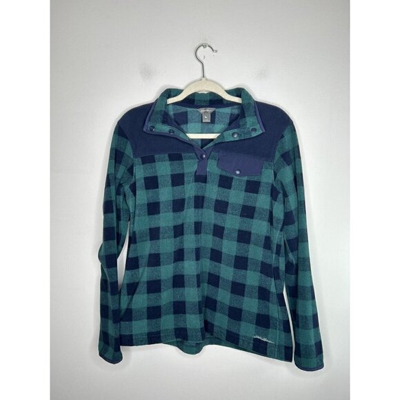 Eddie Bauer Green Navy Plaid Checkered Fleece Pullover Womens Size Large - Picture 2 of 9